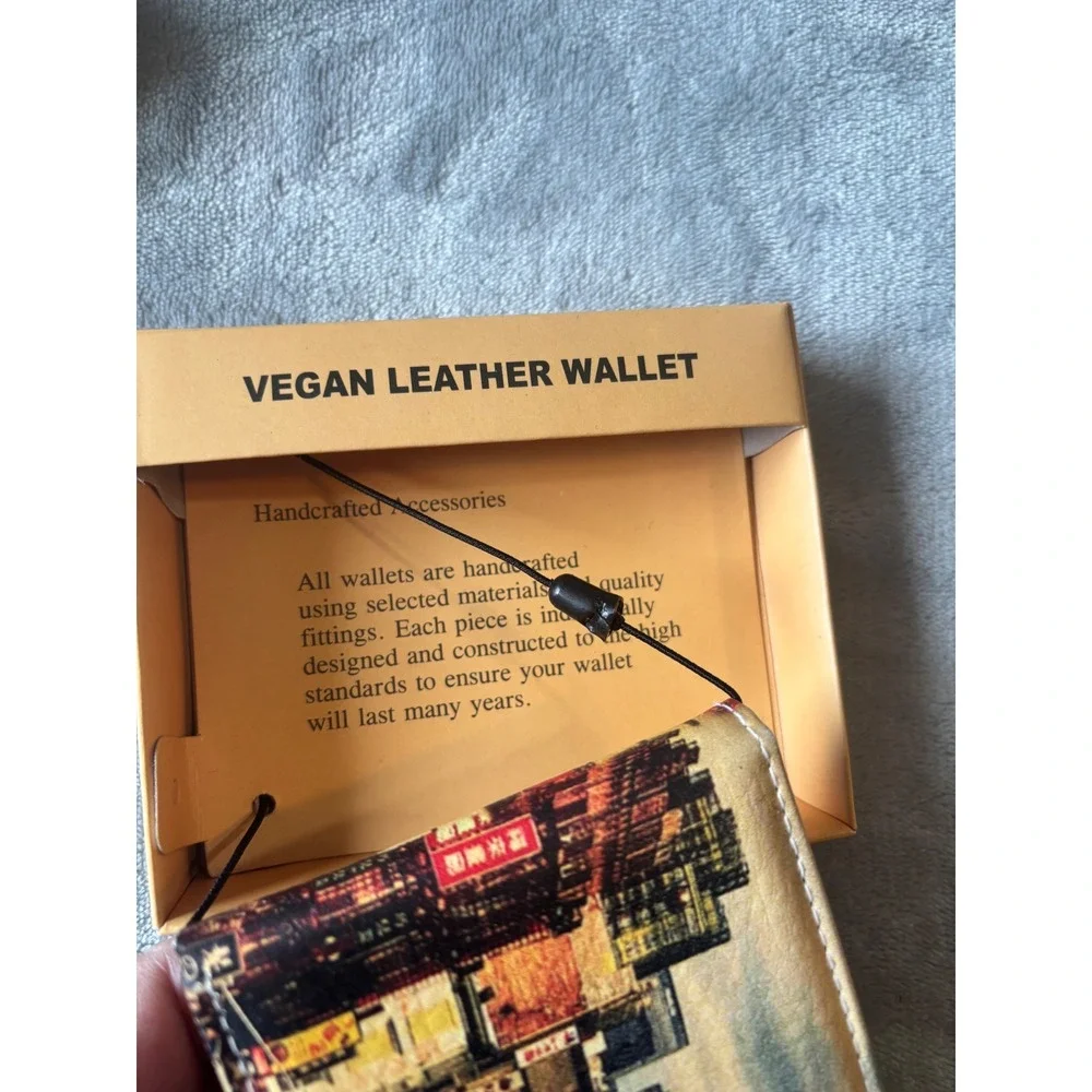 Handcrafted Vegan Leather Bifold Wallet Cityscape Urban Print New in Box